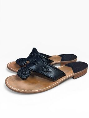 Jack Rogers Hamptons Black Leather Thong Sandals Womens Size US 8 Flat Shoe